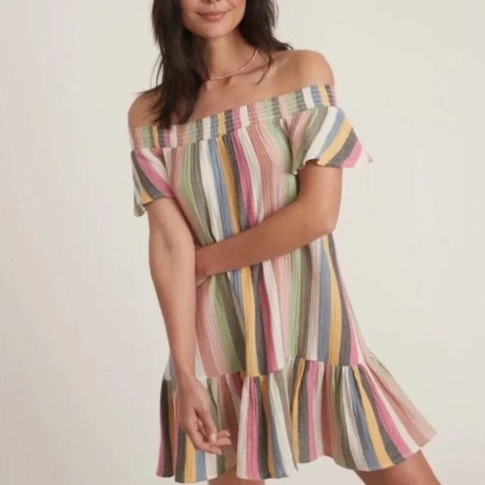 Marine Layer Shirley Stripe Off Shoulder Cotton Minidress in Bold Multi size XL